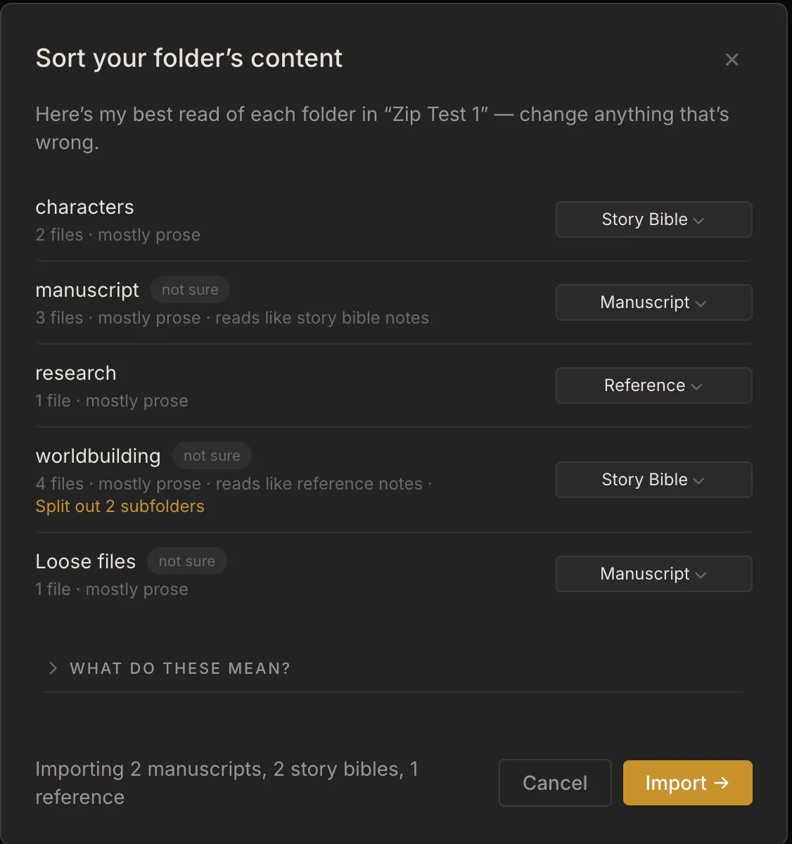 The import sorting step, where you assign each folder or section to Story Bible, Reference, or Don't import