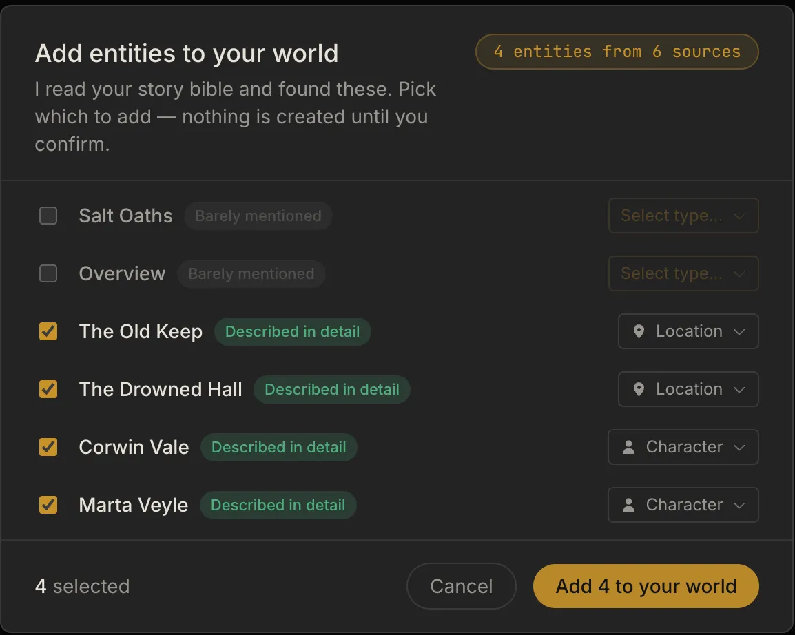 The entity review gate, where you choose which suggested characters and places to add to your world