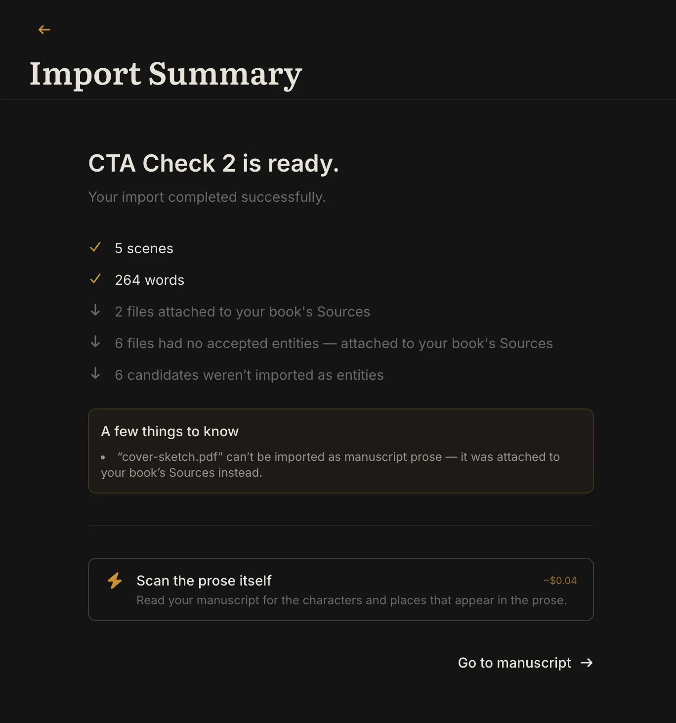 The Import Summary showing scene, word, and comment counts after an import completes