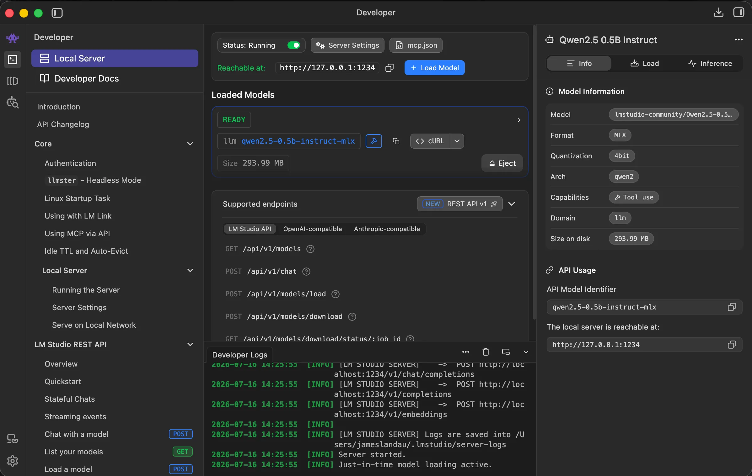 LM Studio's Developer view with the Local Server running and a model loaded — "Reachable at http://127.0.0.1:1234"